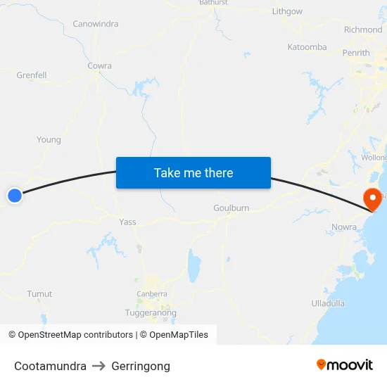 Cootamundra to Gerringong map
