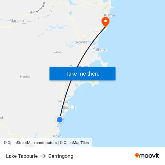 Lake Tabourie to Gerringong map