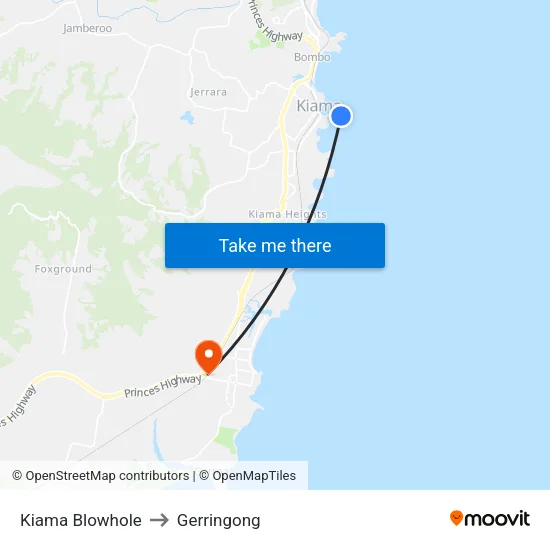 Kiama Blowhole to Gerringong map
