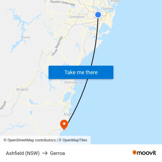 Ashfield (NSW) to Gerroa map