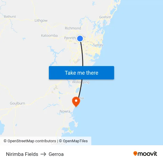 Nirimba Fields to Gerroa map