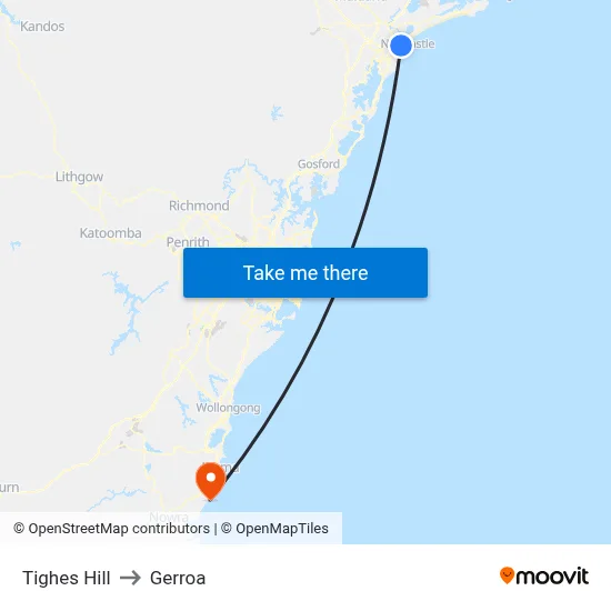 Tighes Hill to Gerroa map