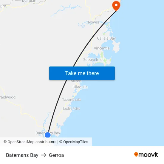 Batemans Bay to Gerroa map
