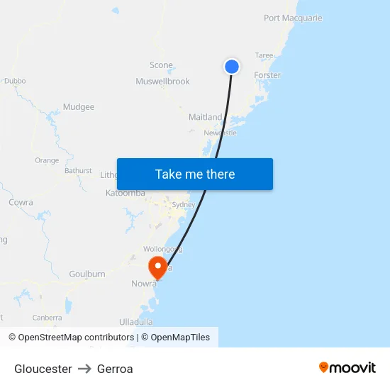 Gloucester to Gerroa map