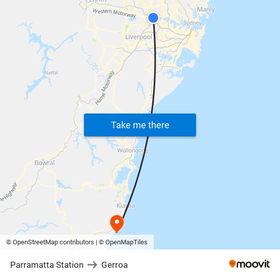 Parramatta Station to Gerroa map