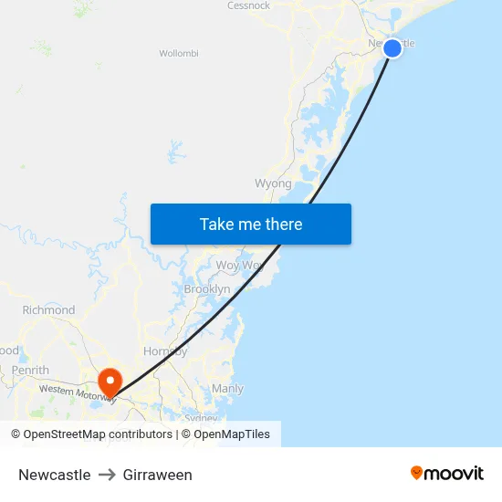 Newcastle to Girraween map