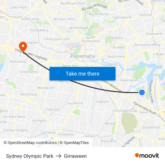 Sydney Olympic Park to Girraween map