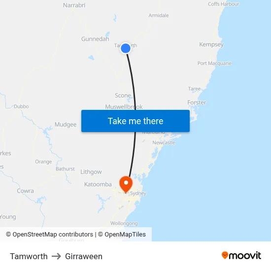 Tamworth to Girraween map