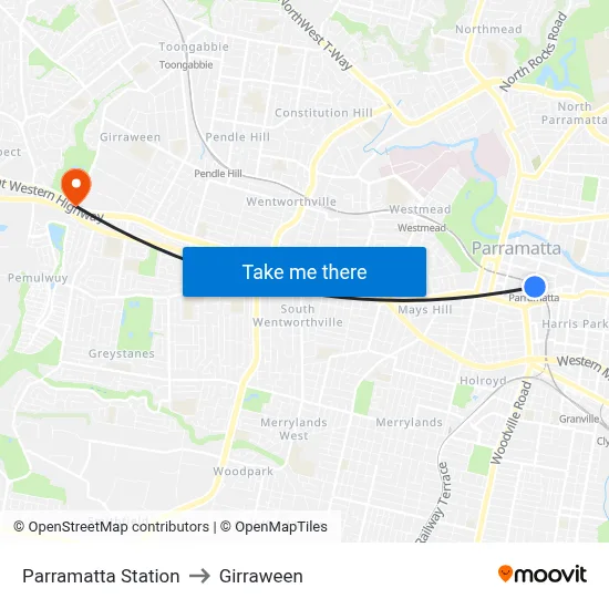 Parramatta Station to Girraween map