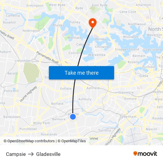 Campsie to Gladesville map