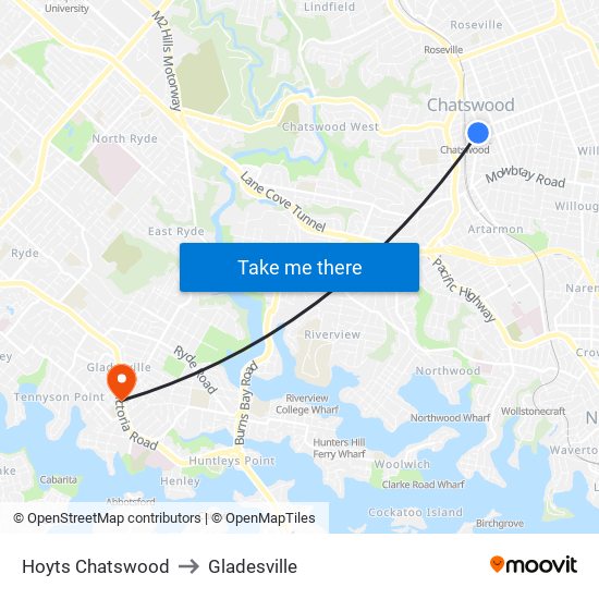 Hoyts Chatswood to Gladesville map