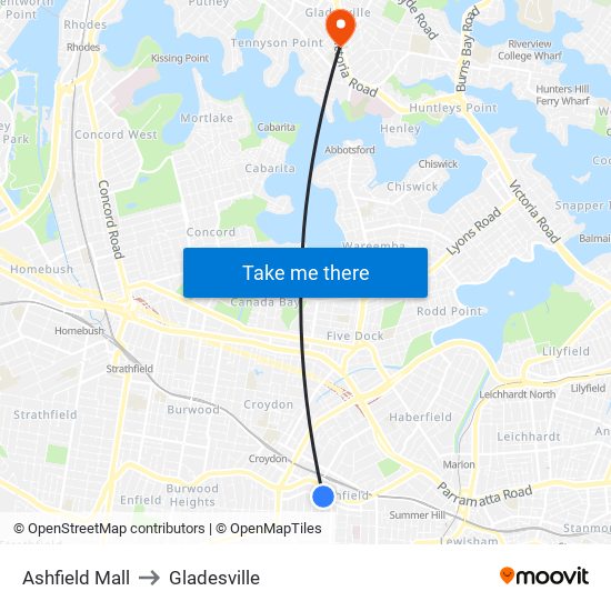 Ashfield Mall to Gladesville map