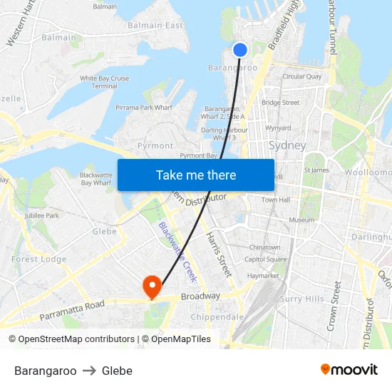 Barangaroo to Glebe map