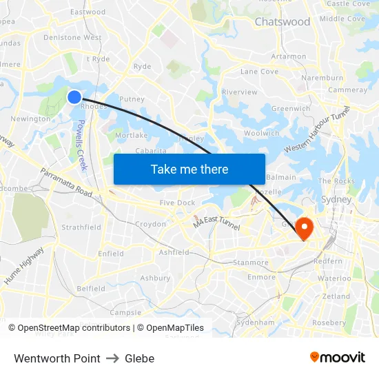 Wentworth Point to Glebe map