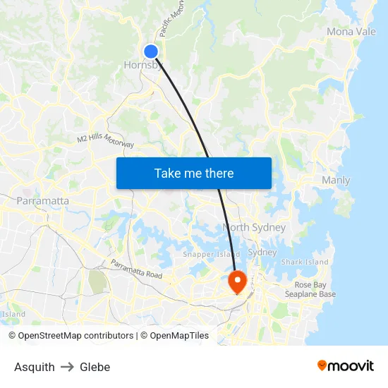 Asquith to Glebe map