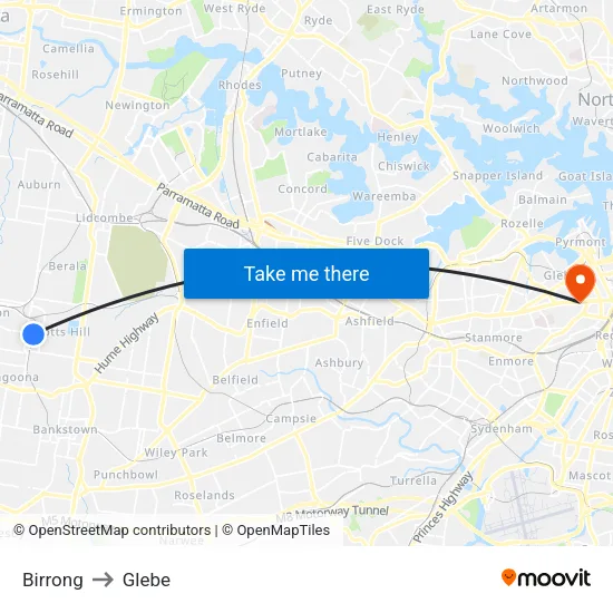 Birrong to Glebe map