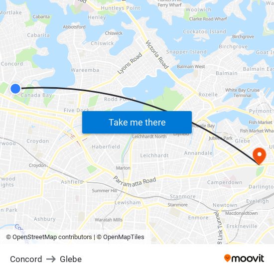 Concord to Glebe map