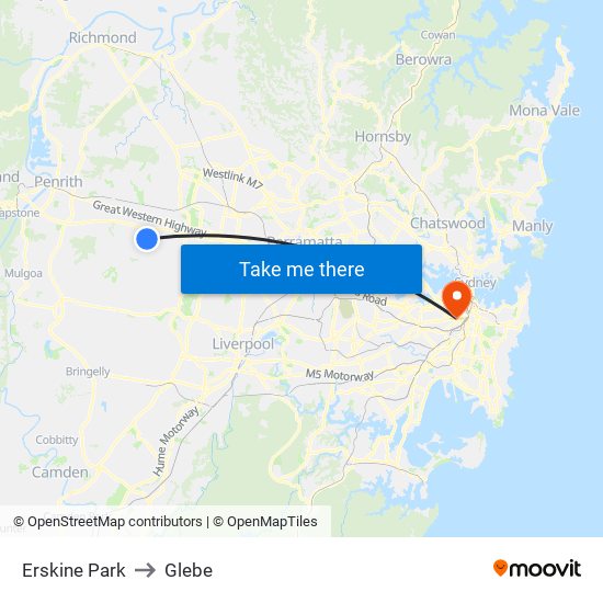 Erskine Park to Glebe map