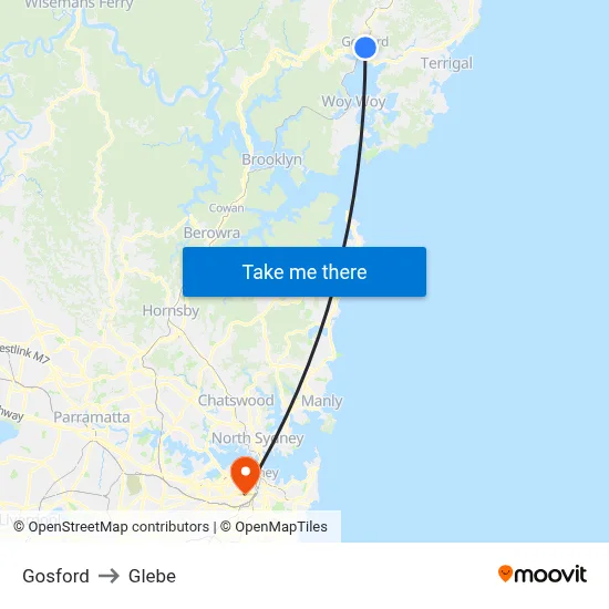 Gosford to Glebe map