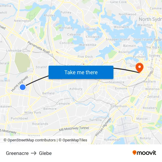 Greenacre to Glebe map