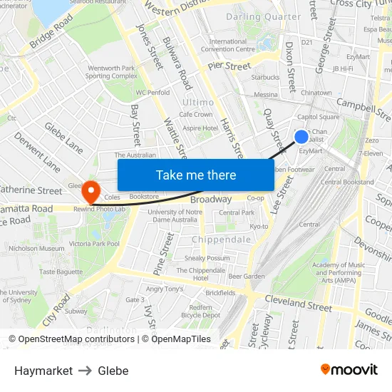 Haymarket to Glebe map