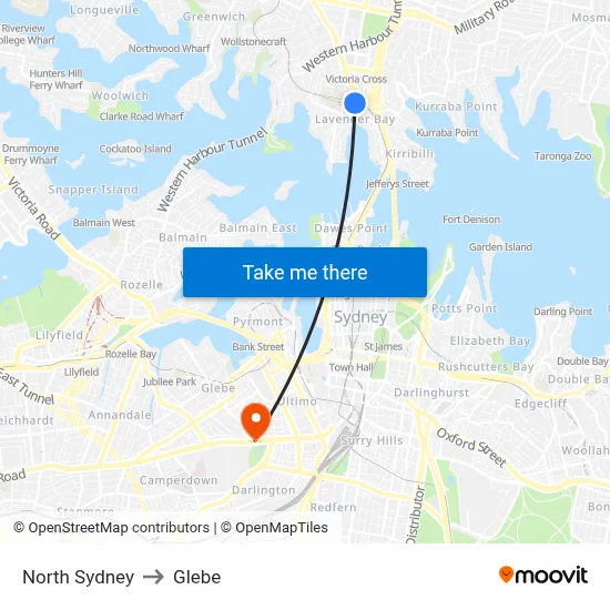 North Sydney to Glebe map