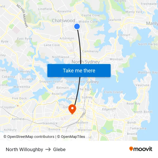 North Willoughby to Glebe map