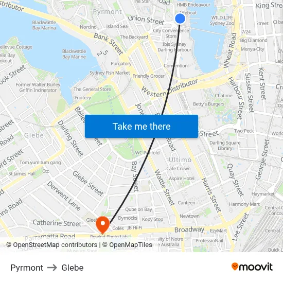 Pyrmont to Glebe map