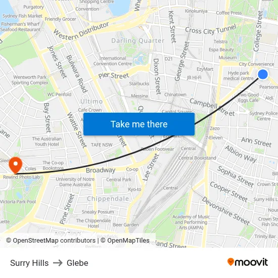 Surry Hills to Glebe map