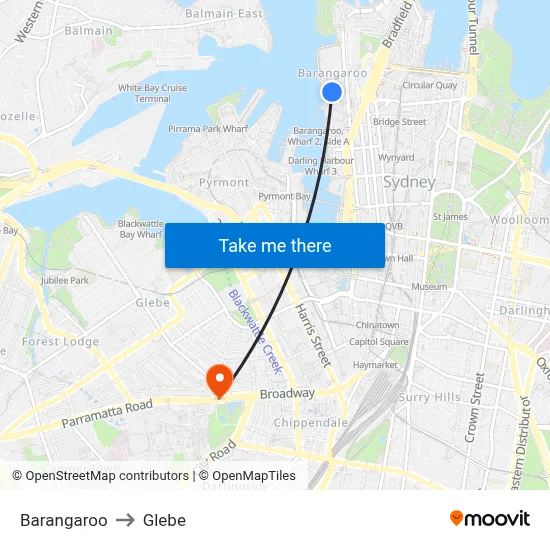 Barangaroo to Glebe map