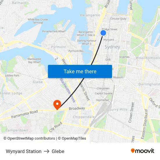 Wynyard Station to Glebe map