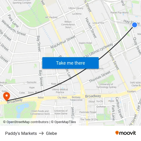 Paddy's Markets to Glebe map