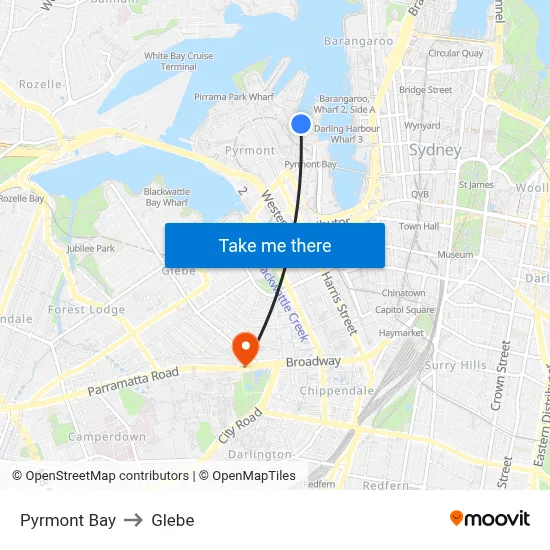 Pyrmont Bay to Glebe map