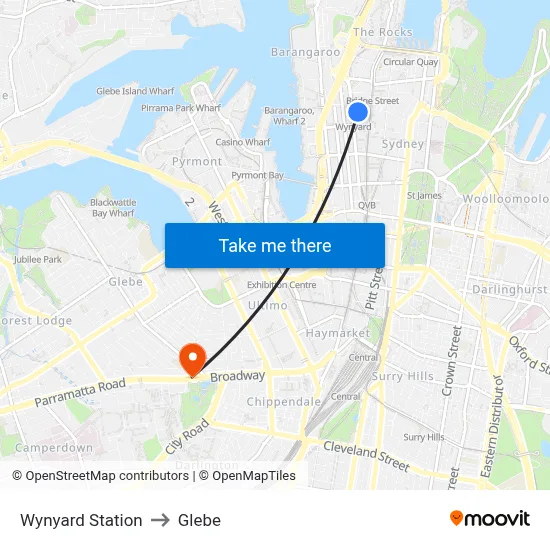Wynyard Station to Glebe map