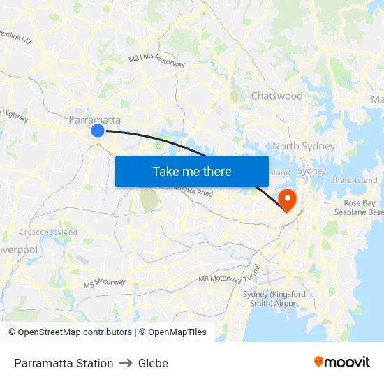 Parramatta Station to Glebe map