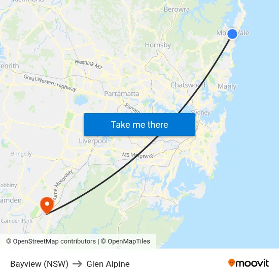 Bayview (NSW) to Glen Alpine map