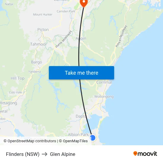 Flinders (NSW) to Glen Alpine map