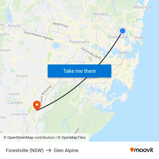 Forestville (NSW) to Glen Alpine map