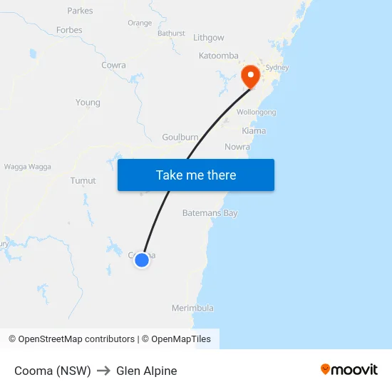 Cooma (NSW) to Glen Alpine map
