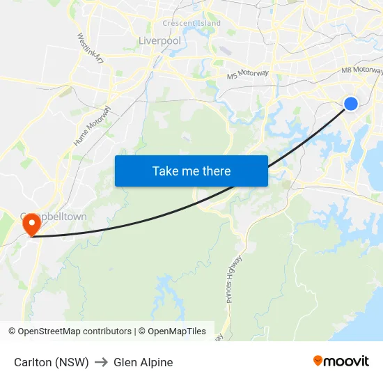 Carlton (NSW) to Glen Alpine map