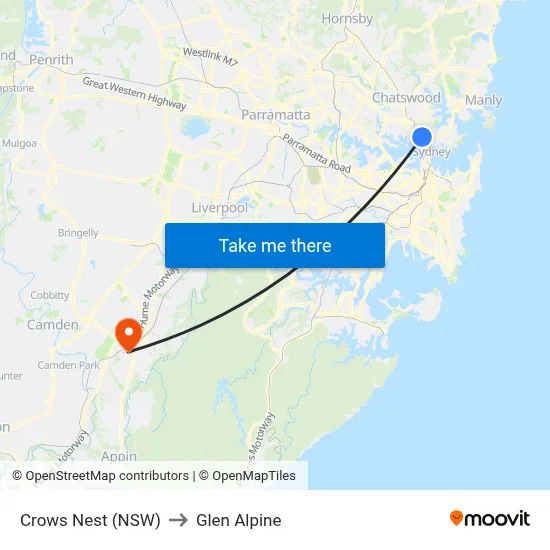 Crows Nest (NSW) to Glen Alpine map