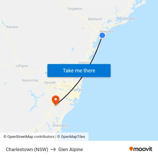 Charlestown (NSW) to Glen Alpine map