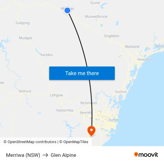 Merriwa (NSW) to Glen Alpine map