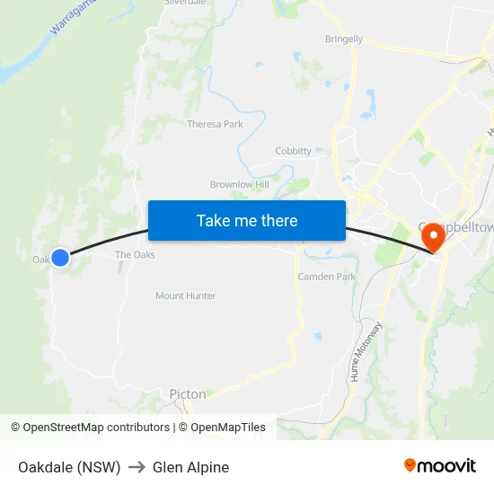 Oakdale (NSW) to Glen Alpine map