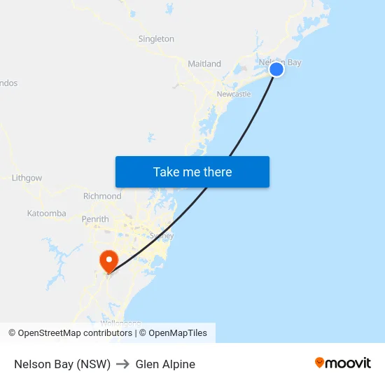 Nelson Bay (NSW) to Glen Alpine map