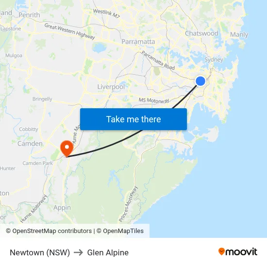 Newtown (NSW) to Glen Alpine map