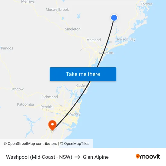 Washpool (Mid-Coast - NSW) to Glen Alpine map