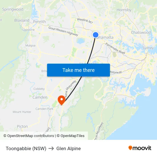 Toongabbie (NSW) to Glen Alpine map