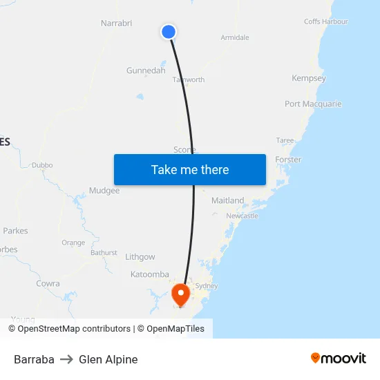 Barraba to Glen Alpine map