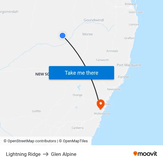Lightning Ridge to Glen Alpine map